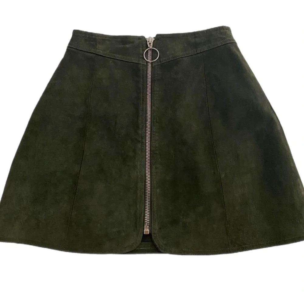 Zara Woman Green Suede O-Ring Zip Up High Waist Mini Skirt A-Line Flare Skater S - Picture 11 of 16